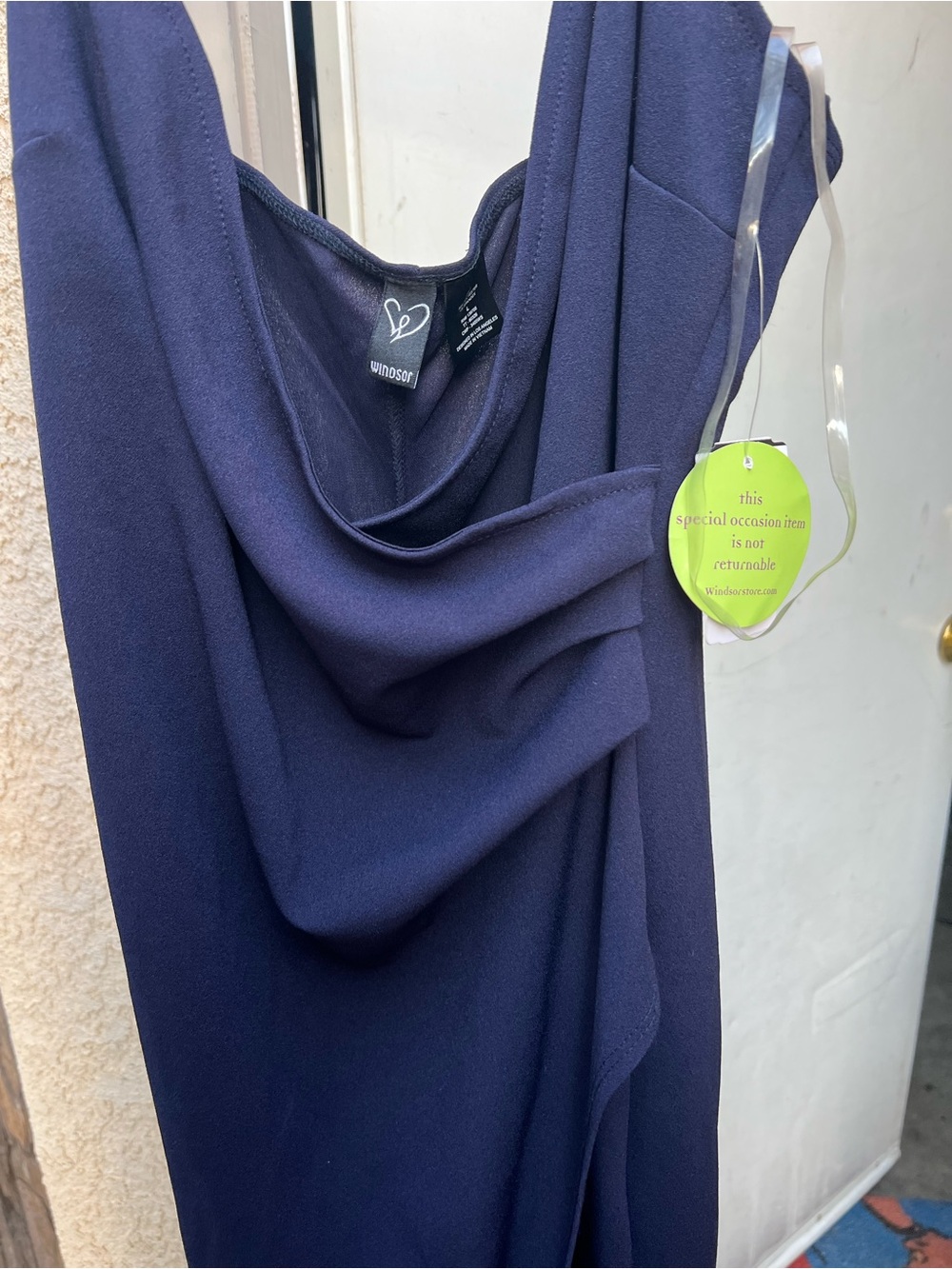 Windsor Navy Draped Cowl Neck Dress with slit on the side